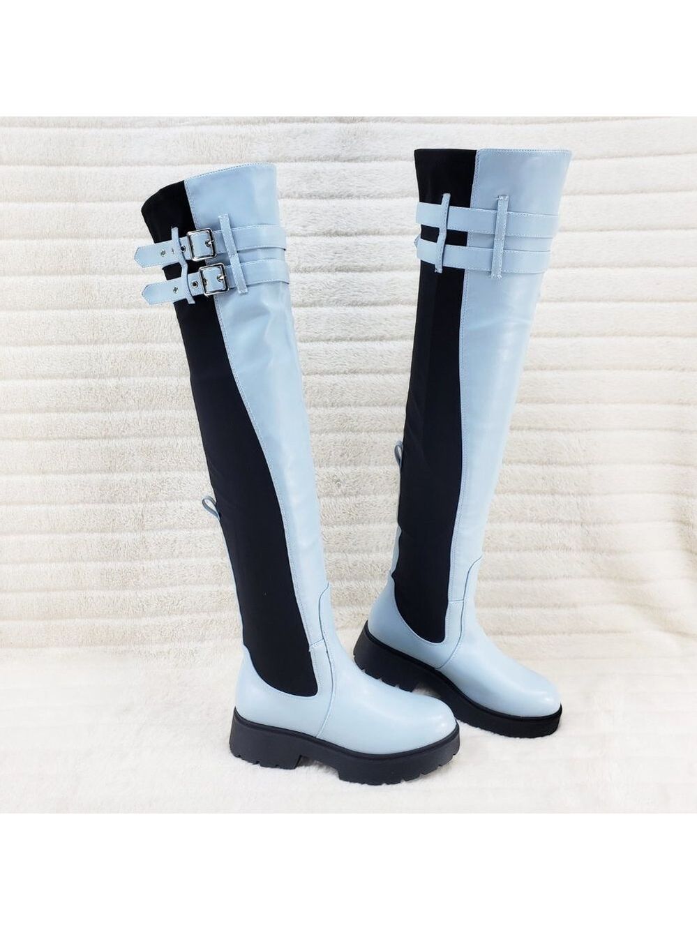 Techno Baby Blue Lycra Stretch Lug Sole Thigh High Combat Rider Brand New - Picture 4 of 16